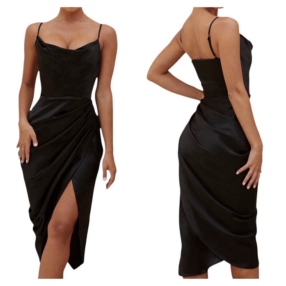 House of CB Reva Black Satin Corset Midi Dress Size XS